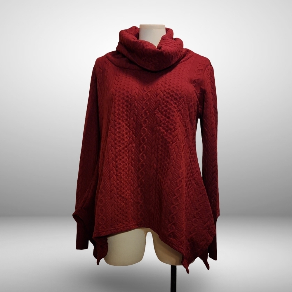 Suzanne Betro Burgundy Cowl Neck Handkerchief Cut Sweater With Cable Knit Detail